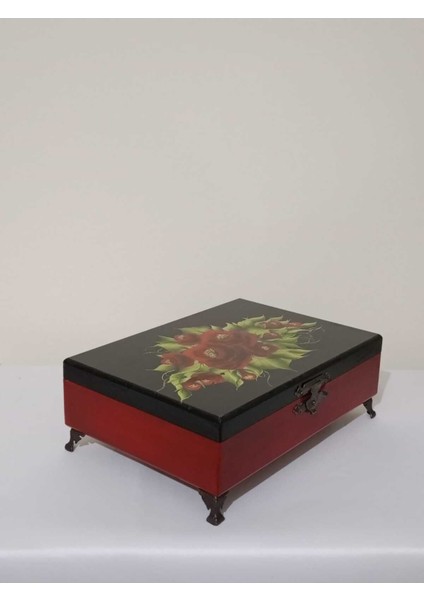 Kırmızı Güllü Ahşap Dekoratif Kutu, Takı ve Aksesuar Saklama Için 29X18,5X7,5 cm fiyatları