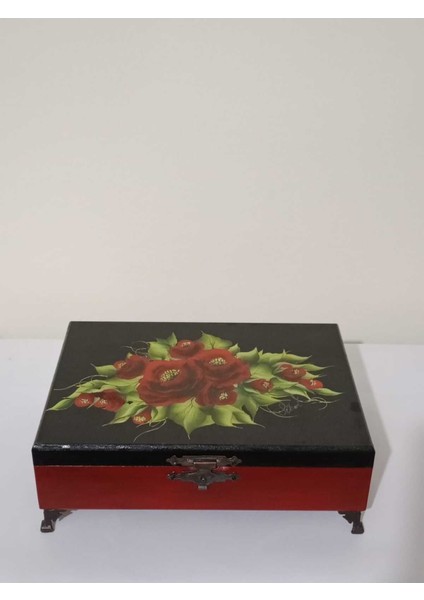 Kırmızı Güllü Ahşap Dekoratif Kutu, Takı ve Aksesuar Saklama Için 29X18,5X7,5 cm modelleri