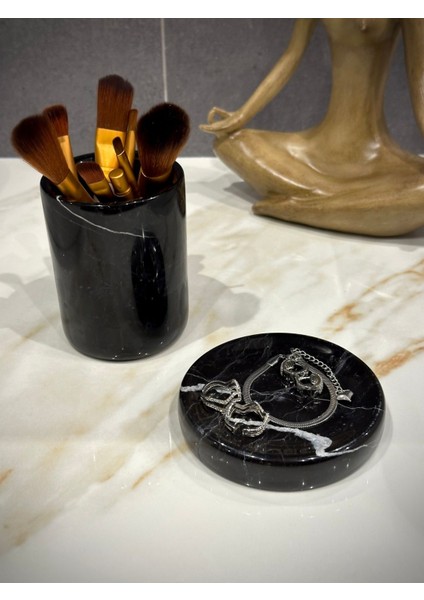 Siyah Mermer 2'li Set: Makyaj Fırçalık ve Yüzüklük fiyatları