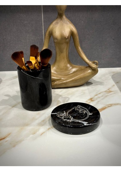 Siyah Mermer 2'li Set: Makyaj Fırçalık ve Yüzüklük modelleri