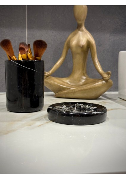 Siyah Mermer 2'li Set: Makyaj Fırçalık ve Yüzüklük