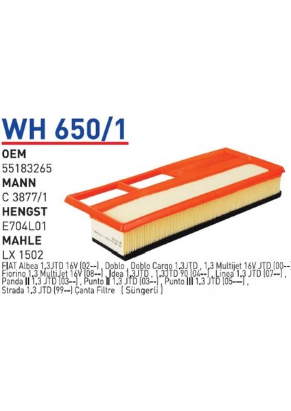 Wh650/1 Oem 55183265 Fiat albea palio doblo 1.3 jtd Otomobil hava filtre air filter