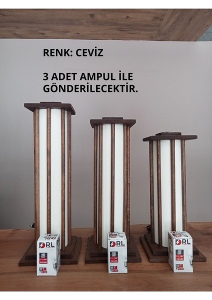 3'lü Ahşap Abajur-Fener-Ceviz, Şık ve Doğal Dekorasyon Parçası