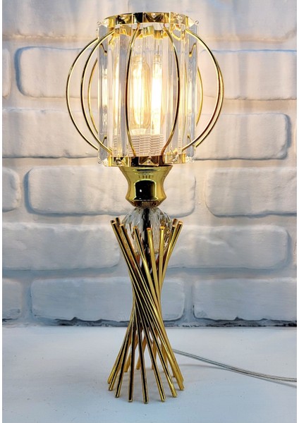 Altın Renkli Metal Kristal Taşlı Dairesel/kare Masa Lambası