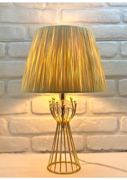 Altın Kaplama Kristal Taşlı Kumaş Şapkalı Masa Lambası