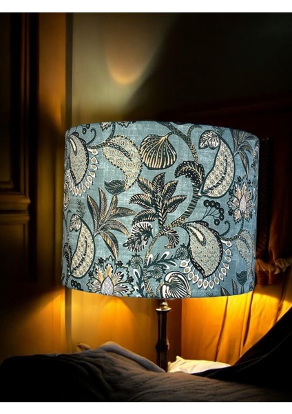 El Yapımı Mavi Silindir Abajur Başlığı, Yüksek Kaliteli Kumaş, Şık ve Zarif Tasarım