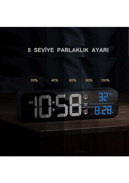 Aynalı Hd LED Ekranlı Dijital Masa Saati, Sıcaklık ve Tarih Göstergeli Siyah modelleri