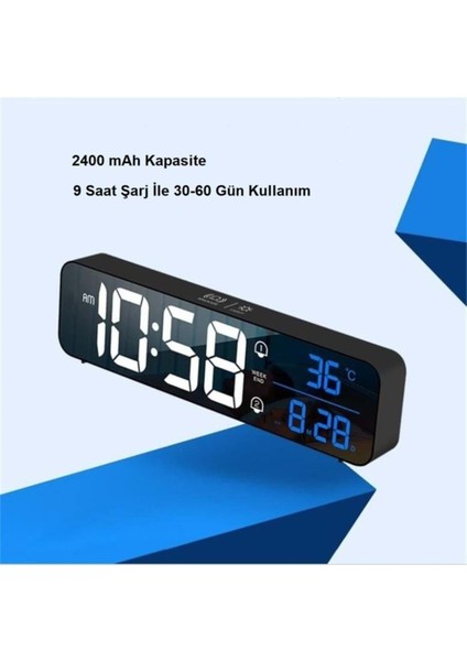 Aynalı Hd LED Ekranlı Dijital Masa Saati, Sıcaklık ve Tarih Göstergeli Siyah