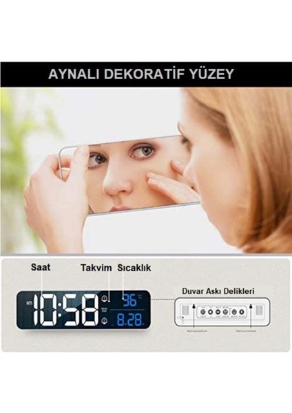 Aynalı Hd LED Ekranlı Dijital Masa Saati, Sıcaklık ve Tarih Göstergeli Siyah