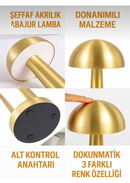 Dokunmatik Masa Lambası, Mantar Tasarım, 3 Renkli Işık, Ayarlanabilir ve Şık.