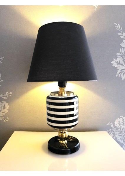 Seramik Oval Siyah Abajur, Klasik Zebra Tasarım, Zarif ve Şık Aydınlatma Parçası
