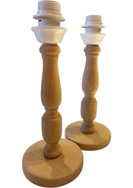 Ikili Ahşap Abajur Duylu Kablo Dahil, 32CM Toplam Boy, Kahverengi