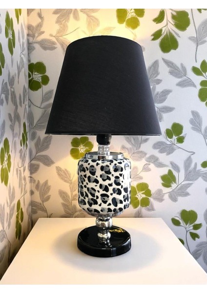 Seramik Oval Abajur Gri Leopar Desenli Aydınlatma Siyah Şapka Gümüş