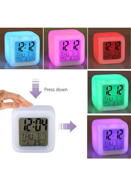 Renkli LED Işıklı Dijital Masa Saati, Pilli Termometre ve Alarm Fonksiyonlu