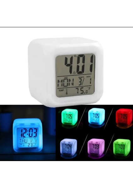 Renkli LED Işıklı Dijital Masa Saati, Pilli Termometre ve Alarm Fonksiyonlu