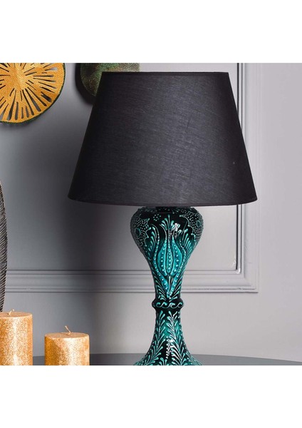 Renkli Seramik Abajur, Gordion Çini Detaylı, Siyah Şapka ve Ayak, Şık Tasarım