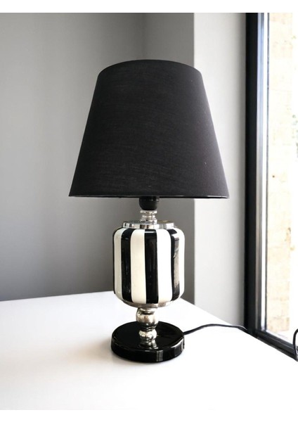 Seramik Oval Abajur Siyah Gümüş Aydınlatma Şık Dekorasyon Parçası