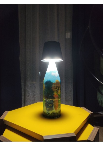 El Boyaması Mavi Abajur, 3 Fonksiyonlu USB ile Şarj Edilebilir