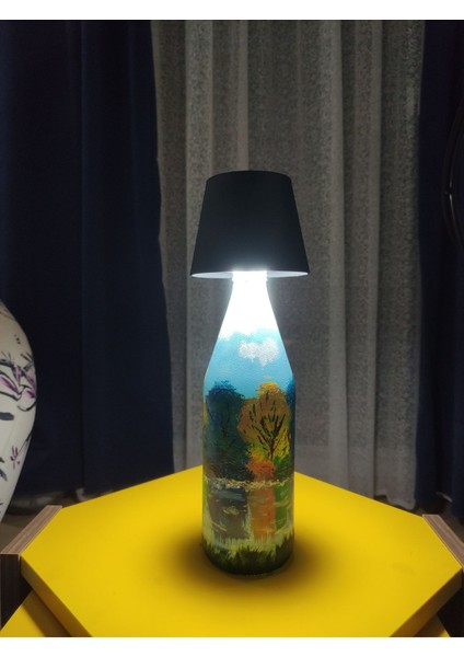 El Boyaması Mavi Abajur, 3 Fonksiyonlu USB ile Şarj Edilebilir