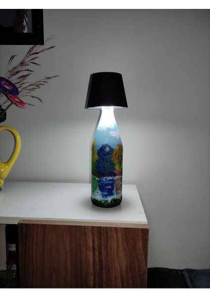 El Boyaması Mavi Abajur, 3 Fonksiyonlu USB ile Şarj Edilebilir