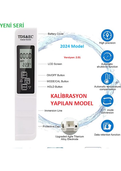 Tds ve Ec Ölçer Su Kalitesi Analiz Cihazı Versiyon 2.01, Kalibrasyon Ayarlı