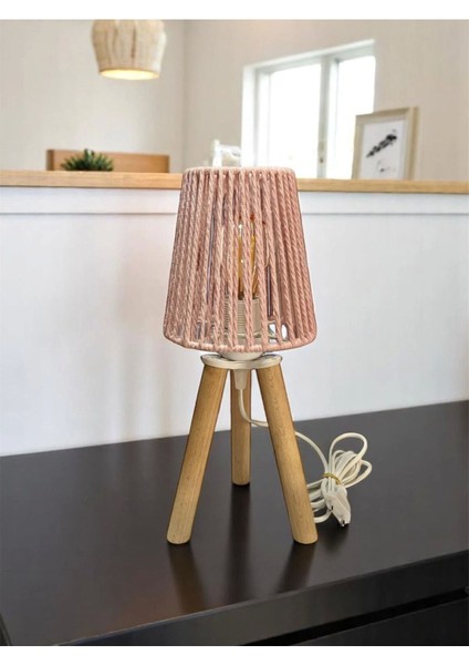 Pembe Mini Ahşap Abajur, Şık ve Zarif Dekorasyon Ürünü