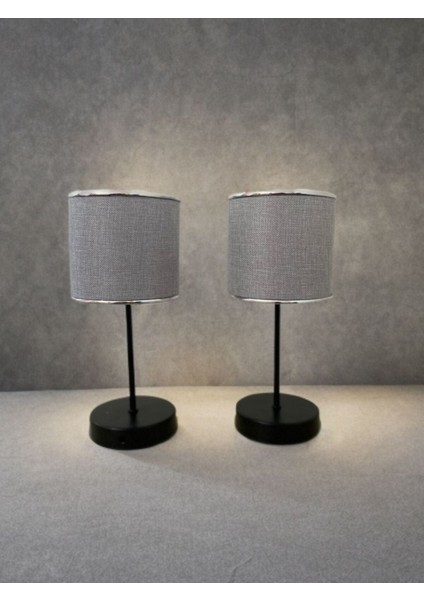 Şık Gri Kumaş Abajur, Şerit Detaylı, Siyah Ayak, Salon ve Yatak Odası Için Ideal modelleri