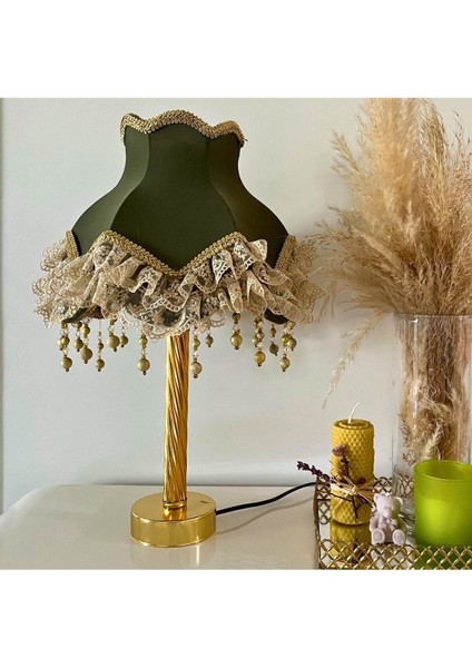 Haki Sendi Kumaş Kaplı Vintage Abajur 45X27CM, Gold Detaylı, Şık ve Renkli Tasarım