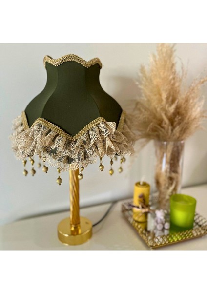 Haki Sendi Kumaş Kaplı Vintage Abajur 45X27CM, Gold Detaylı, Şık ve Renkli Tasarım fiyatları