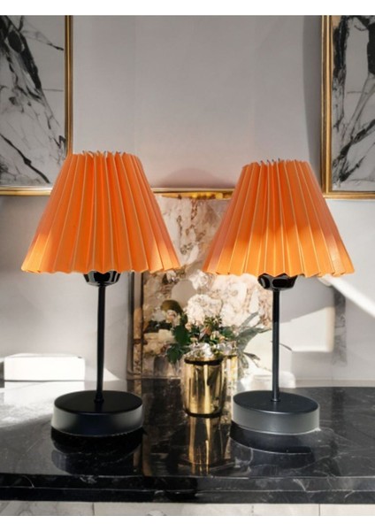 Turuncu Finlin Kumaş Şemsiye Tasarım, Siyah Ayak, 2'li Abajur, Yatak ve Oturma Odası Dekoru