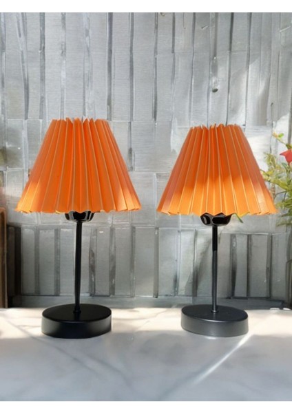 Turuncu Finlin Kumaş Şemsiye Tasarım, Siyah Ayak, 2'li Abajur, Yatak ve Oturma Odası Dekoru modelleri
