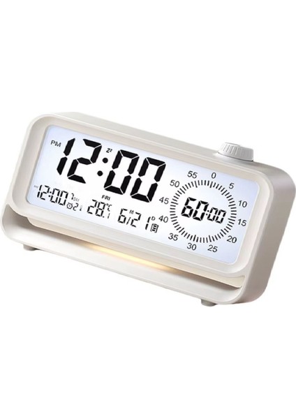 Beyaz LED Masa Saati, Alarm ve Sıcaklık Ölçer, Şık ve Modern Tasarım