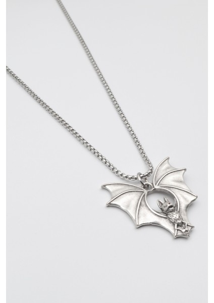Gotik Yarasa Kolye - Örme Ithal Zincirli Unisex Gümüş Kaplama Kolye - 60 cm fiyatları