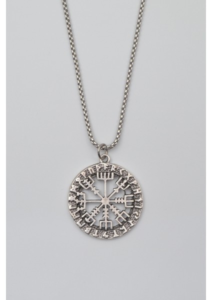 Viking Pusula Kolye (Vegvisir) - Örme Ithal Zincirli Unisex Gümüş Kaplama - 60 cm