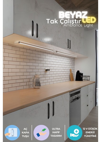 Mutfak Tezgah Altı LED Işık Beyaz 1 Metre, Aç/kapa, Yapışkanlı, Şık ve Pratik