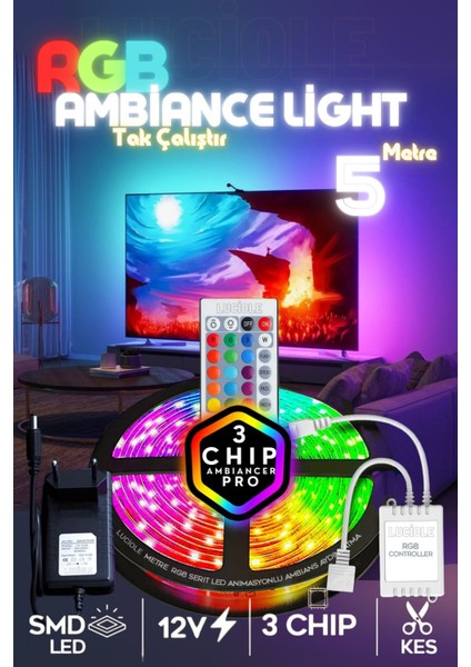 Rgb LED Uzaktan Kumandalı 5 Metre Tv Arkası, Çocuk Yatak Odası, Mutfak, Salon, Tak Çalıştır