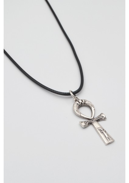 Ankh Yaşam Kolye - Pu Deri Ip Zincirli Unisex Gümüş Kaplama Mısır Sembolü - 60 cm