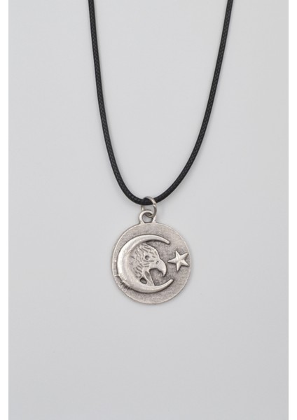 Ay Yıldız Kartal Figürlü Kolye - Pu Deri Ip Zincirli Unisex Gümüş Kaplama - 60 cm