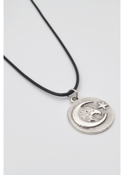 Ay Yıldız Kartal Figürlü Kolye - Pu Deri Ip Zincirli Unisex Gümüş Kaplama - 60 cm fiyatları