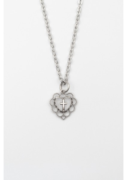 Modern Kalp Içinde Haç Kolye - Düz Ezme Ithal Zincirli Unisex Gümüş Kaplama - 60 cm