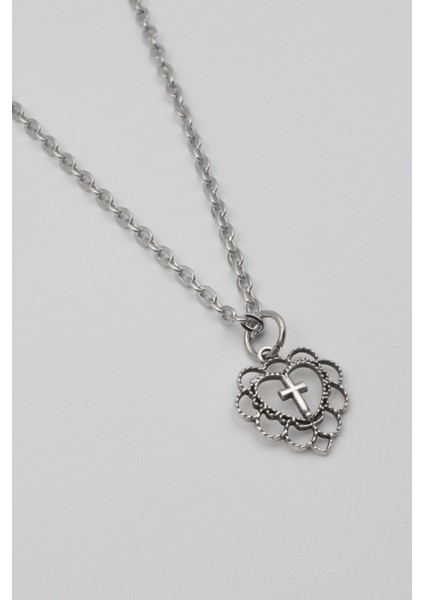 Modern Kalp Içinde Haç Kolye - Düz Ezme Ithal Zincirli Unisex Gümüş Kaplama - 60 cm fiyatları