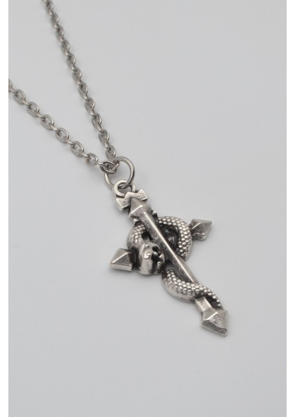 Modern Yılanlı Haç Kolye - Düz Ezme Ithal Zincirli Unisex Gümüş Kaplama - 60 cm fiyatları