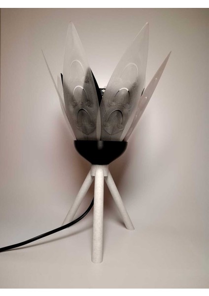 Şık Siyah Çiçek Desenli Dekoratif Masa Lambası ve Gece Işığı