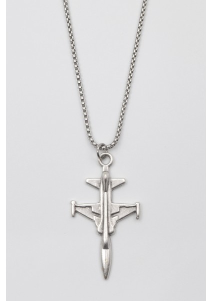 F-5 Tiger Jet Uçağı Kolye - Örme Ithal Zincirli Unisex Gümüş Kaplama Havacılık Takısı - 60 cm