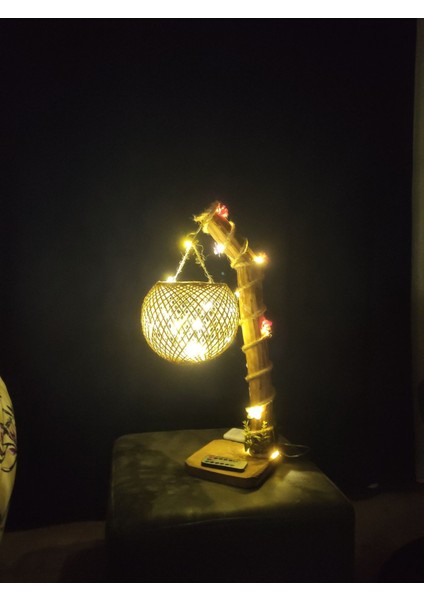 El Yapımı Ahşap Abajur, USB Girişli Peri LED Aydınlatma, Şık ve Doğal Dekorasyon.