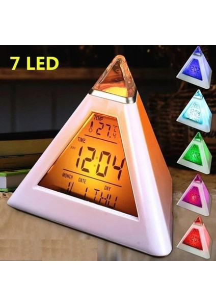 7 Renkli Dijital Piramit LED Çok Fonksiyonlu Saat, Termometre ve Masaüstü Dekor fırsatları