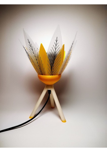 Şık Siyah Çiçek Desenli Dekoratif Masa Lambası ve Gece Işığı