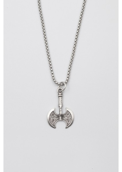 Viking Çift Başlı Balta Kolye - Örme Ithal Zincirli Unisex Gümüş Kaplama - 60 cm