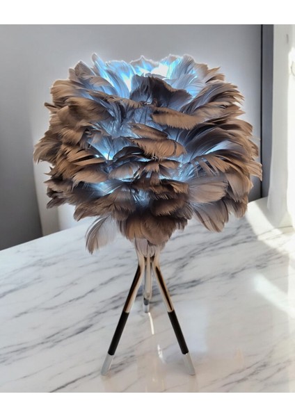 Tüylü 3'lü Ayaklı Dekoratif Abajur Gri, Modern ve Şık Tasarım.