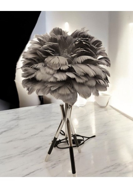 Tüylü 3'lü Ayaklı Dekoratif Abajur Gri, Modern ve Şık Tasarım. indirimleri